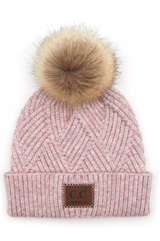 Womens C.C Heather Beanie Pom Hat With Suede Patch Rose