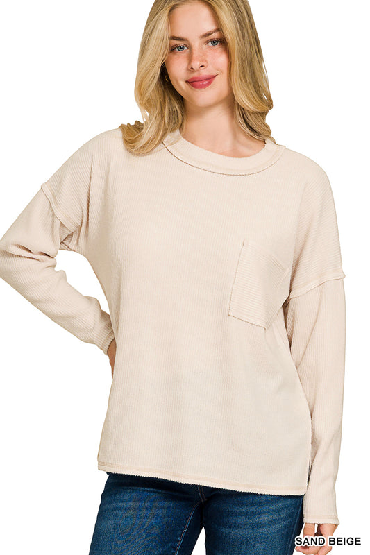 Womens Zenana Sand Beige Ribbed Brushed Melange Hacci Sweater With Pocket
