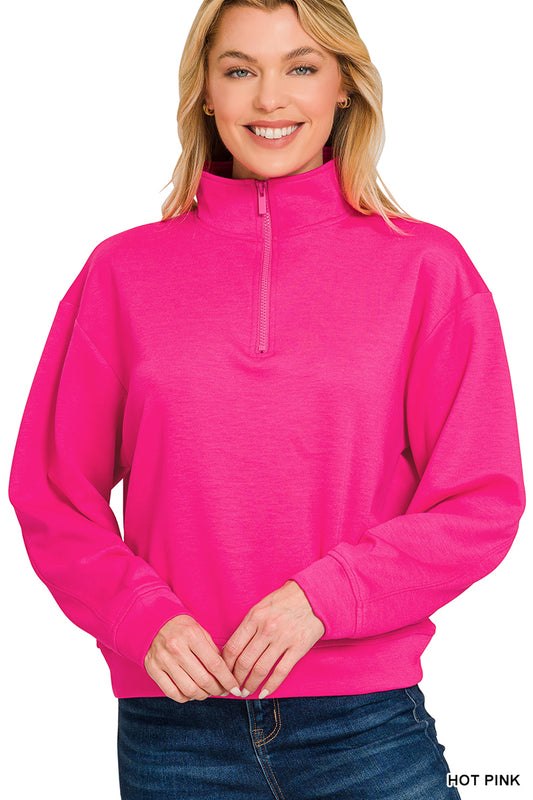 Womens Zenana Hot Pink Scuba Half Zip Pullover Sweatshirt
