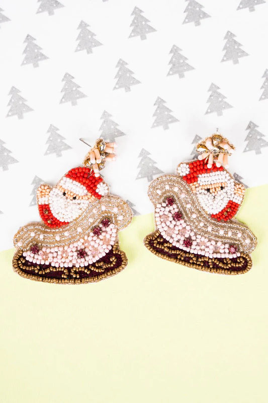 Viola Bejeweled Santa Sleigh Pink Seed Bead Earrings