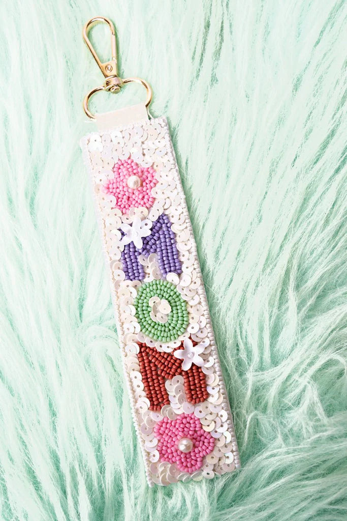 Viola Floral 'Mom' White Sequin Wristlet Keychain