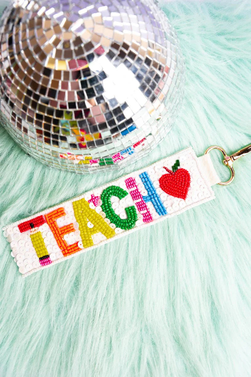 Viola Teach White Multi Sequin Wristlet Keychain