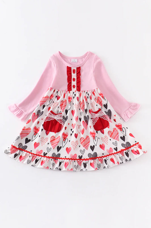 Girls Pink Valentine's Day Heart Pocket Dress