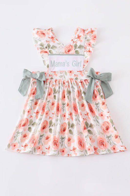 Girls Coral Floral Print Mama's Girl Embroidery Dress