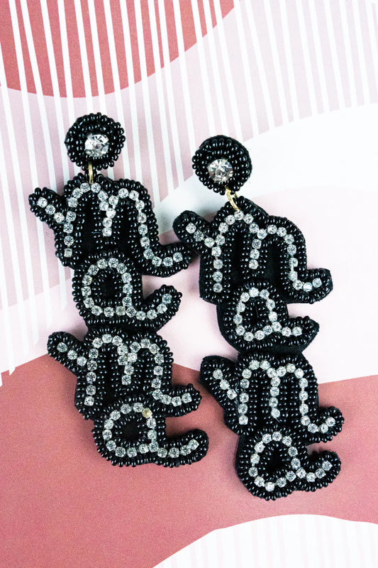 Black Seed Bead And Crystal 'Mama' Earrings