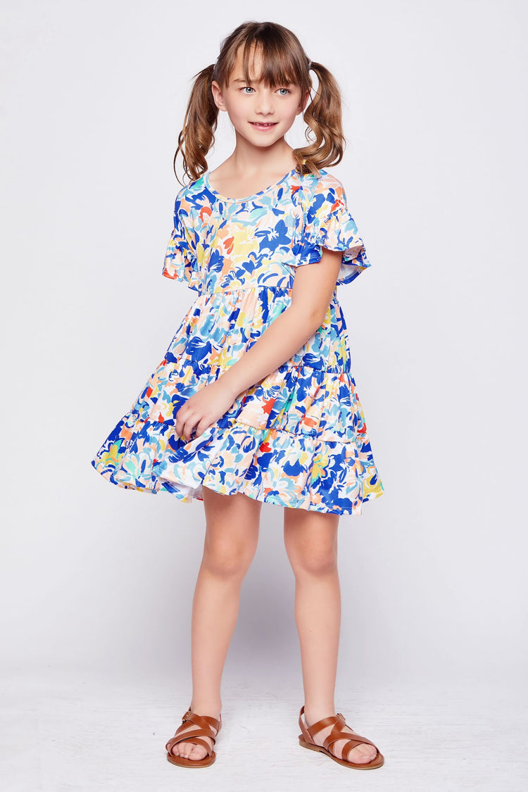Girls Navy Green Yellow Floral Baby Doll Tunic Dress