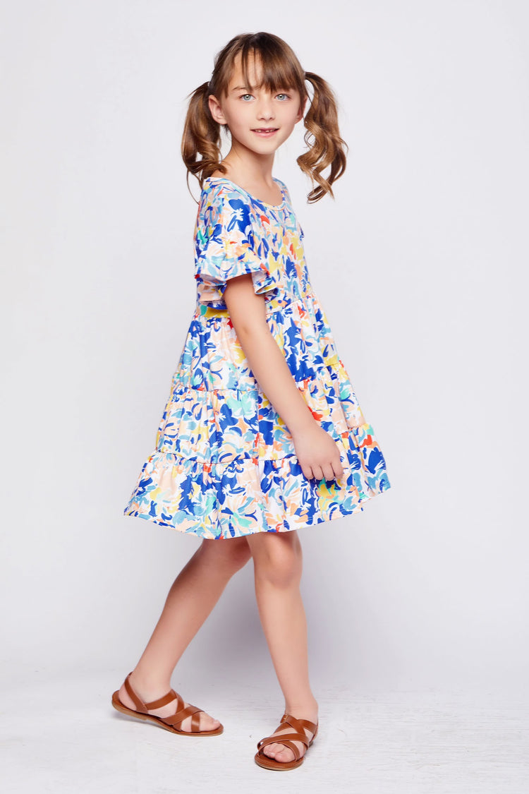Girls Navy Green Yellow Floral Baby Doll Tunic Dress