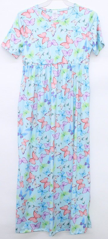Girls Mint Butterfly Print Elbow Sleeve Maxi Dress