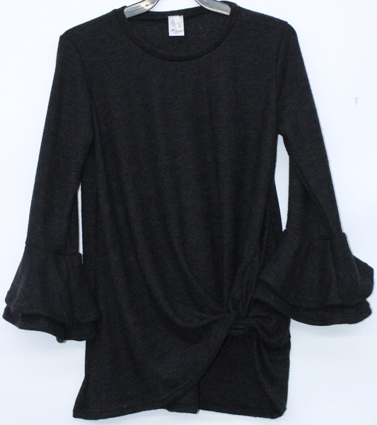 GtoG Black Poly Brushed Spandex Light Weight Sweater Top Featuring Layered Bell Sleeve And Side Knot Hem Detail