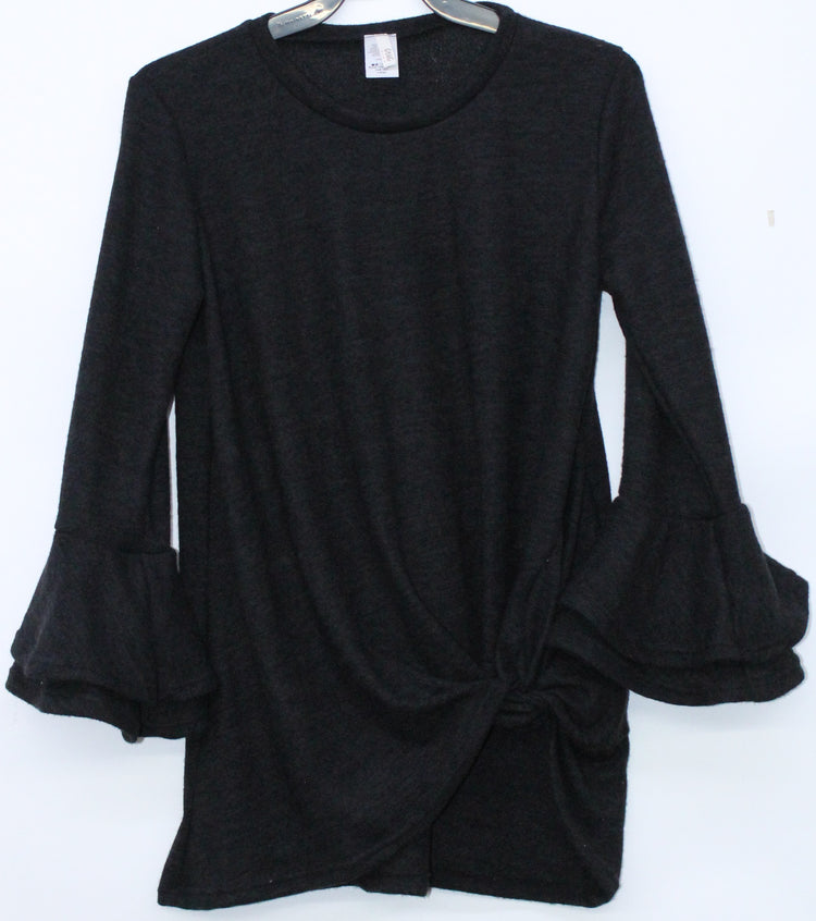 GtoG Black Poly Brushed Spandex Light Weight Sweater Top Featuring Layered Bell Sleeve And Side Knot Hem Detail