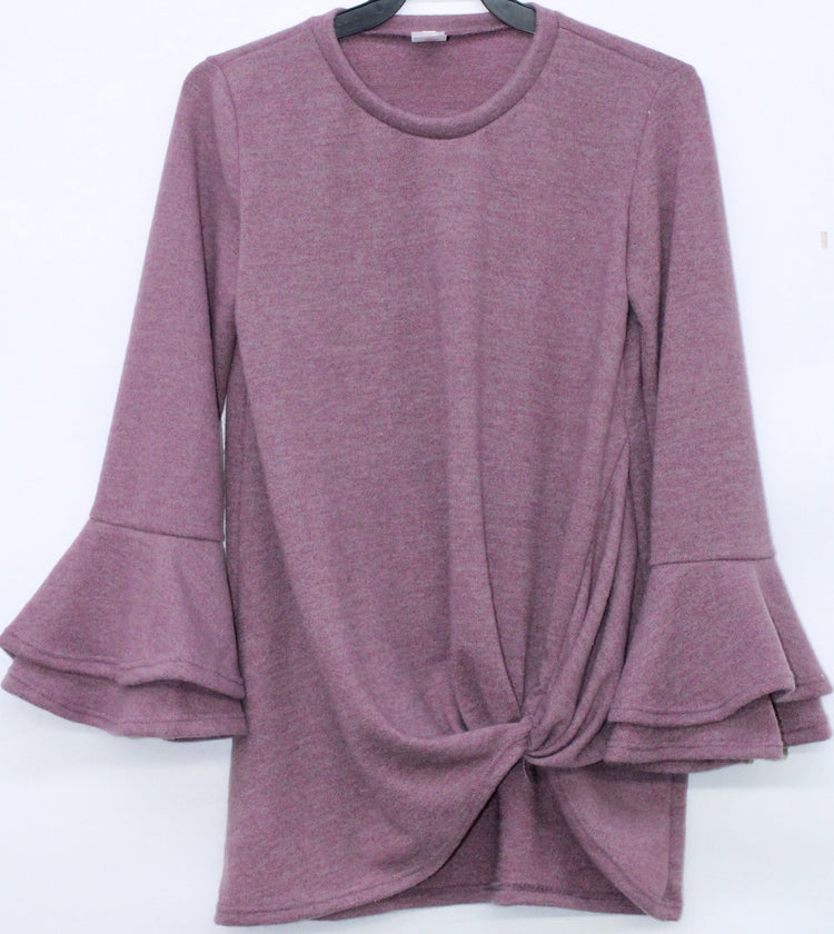 GtoG Mauve Poly Brushed Spandex Light Weight Sweater Top Featuring Layered Bell Sleeve And Side Knot Hem Detail