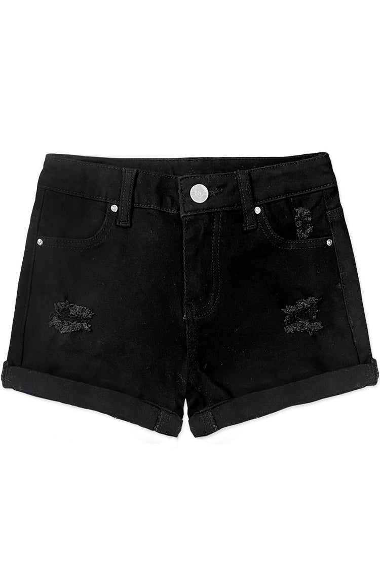 Girls Premium Denim Shorts W/ Distress & Double Roll-Up Black