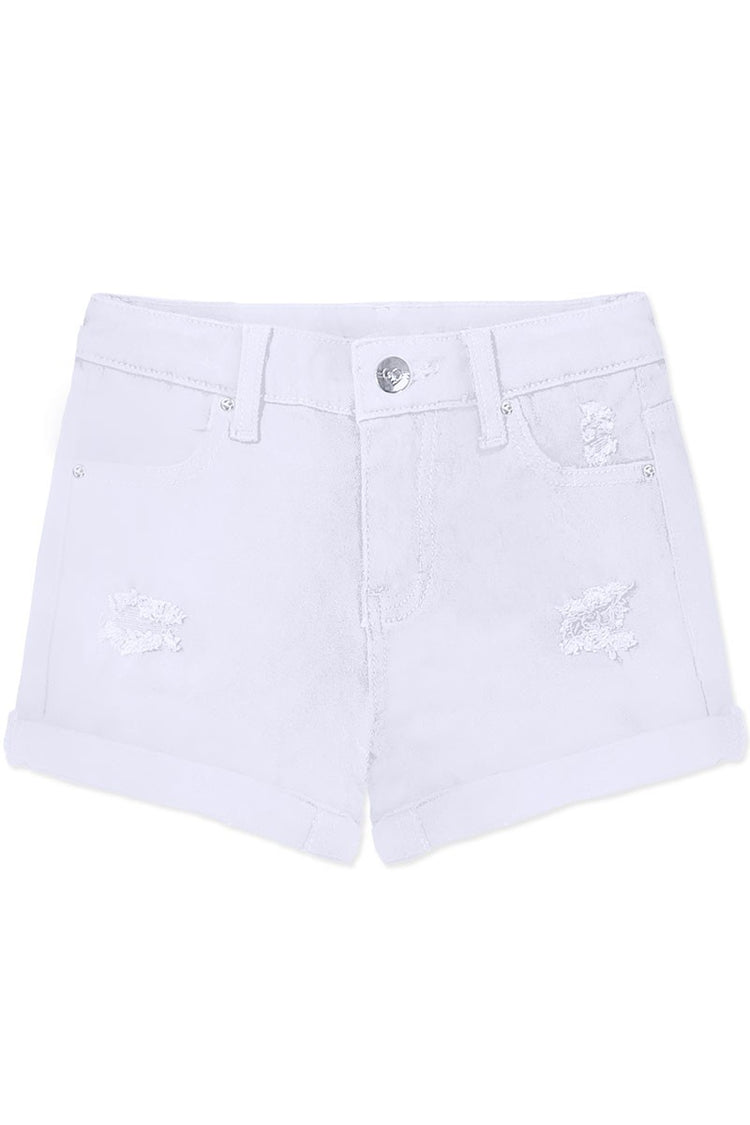 Girls Premium Denim Shorts W/ Distress & Double Roll-Up White
