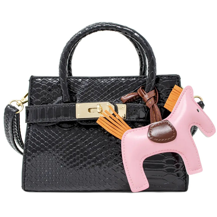 Patent Crocodile Pony Handbag Black