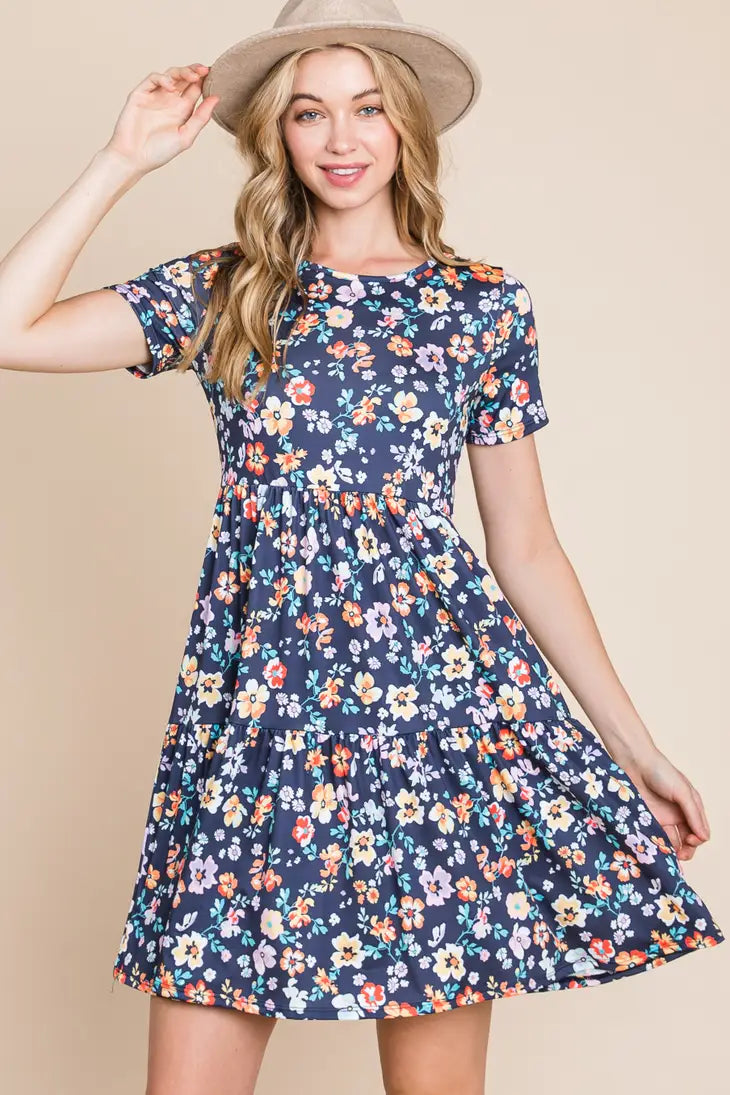 Womens Navy Floral Tiered Skirt Dress