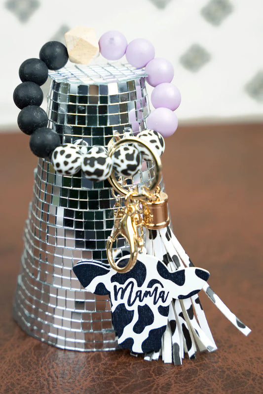 Mama Cow Lavender Beaded Bracelet Keychain