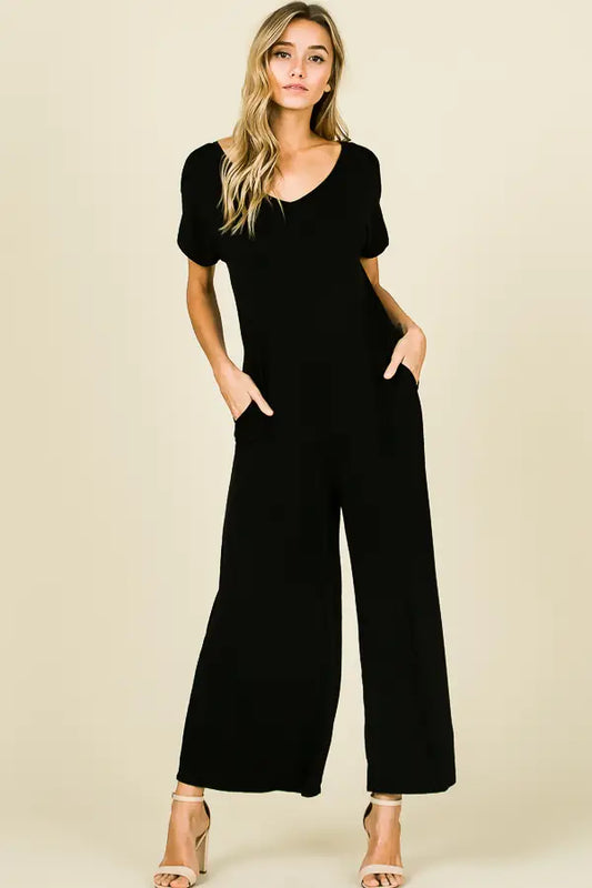 Womens Black Short Sleeve Jumpsuit With Pockets