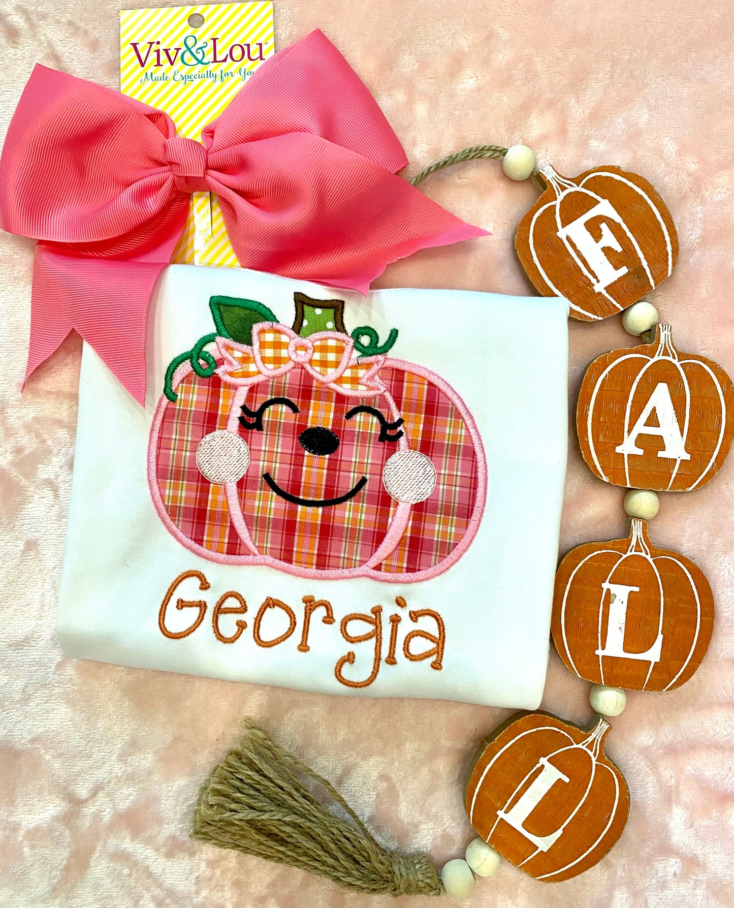 Girls Pink Plaid Happy Pumpkin Applique