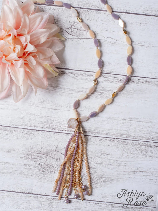 SWEET AND SIMPLE IRIDESCENT DRUZY QUARTZ BEADED TASSEL ON A PINK LAVENDER BEADED NECKLACE