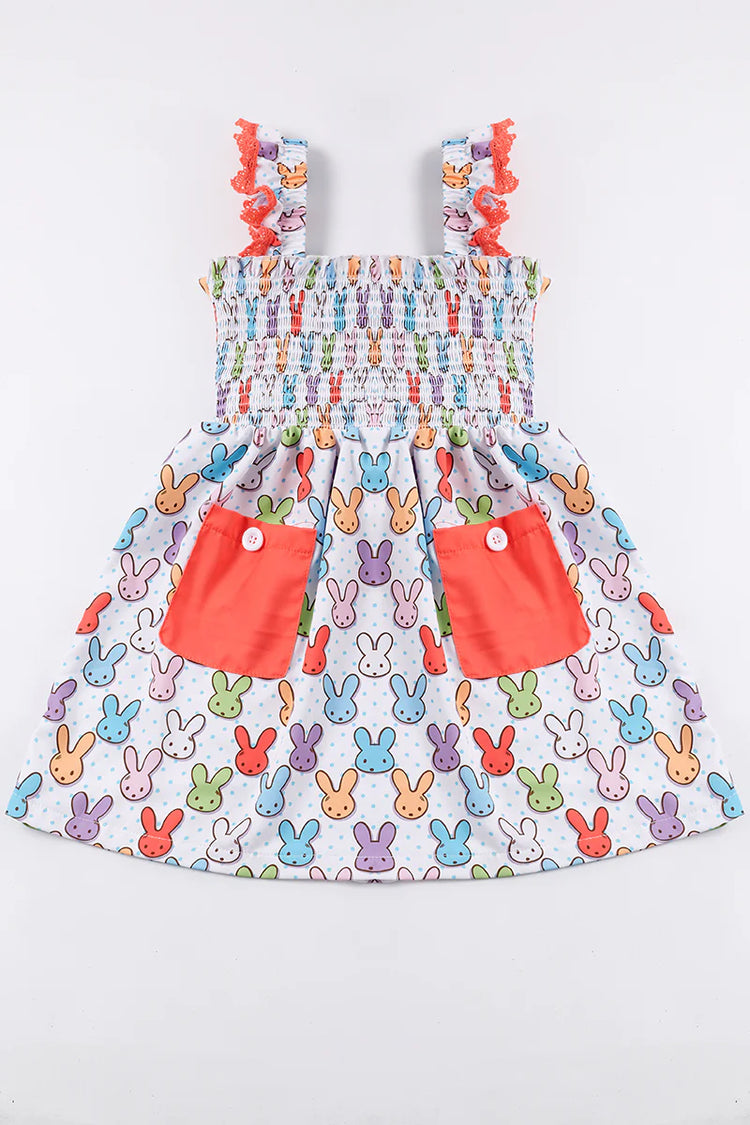 Girls Easter Bunny Smocked Pocket Dress