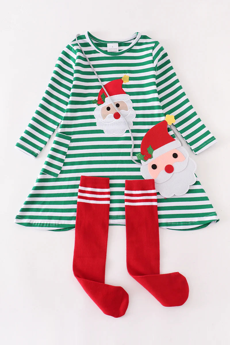 Girls Green Stripe Santa Applique Dress Bag And Socks 3pc Set