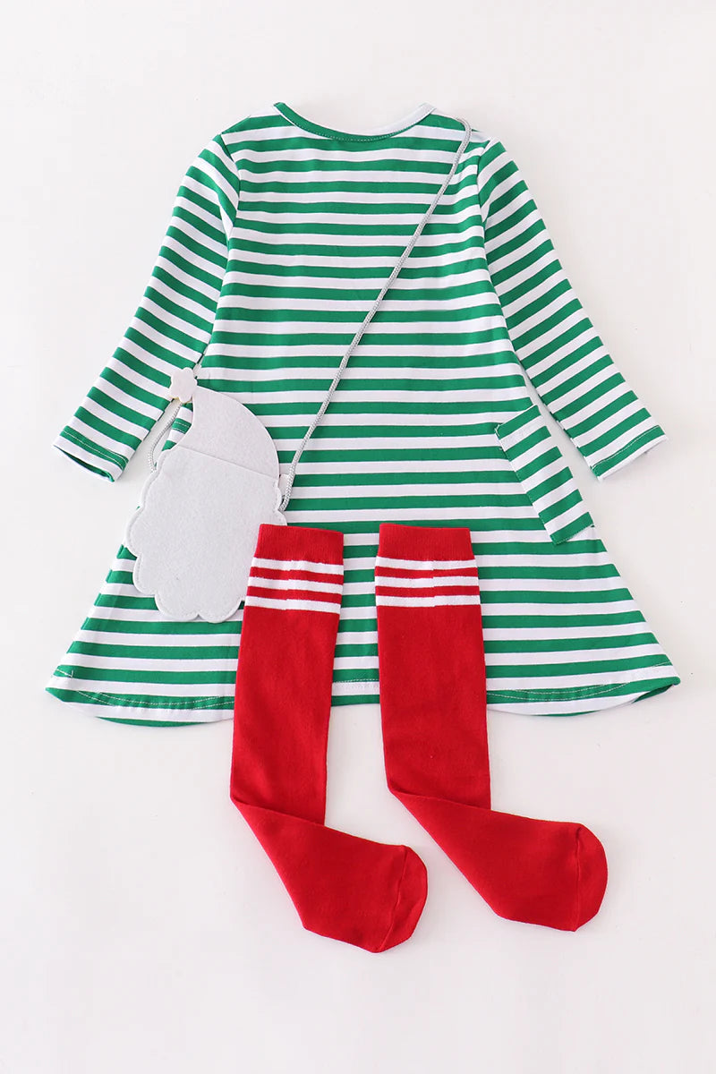 Girls Green Stripe Santa Applique Dress Bag And Socks 3pc Set