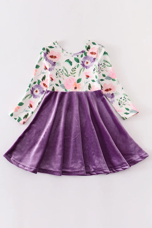 Girls Purple Floral Velvet Twirl Dress
