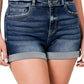 Womens Dark Cuffed Double Button Denim Shorts
