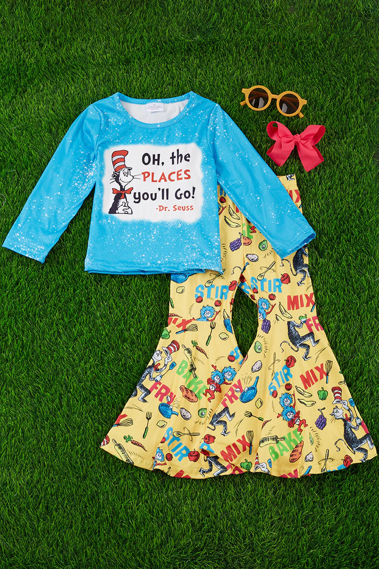 Girls Oh, The Places You'll Go! Turquoise Long Sleeve Top & Yellow Bell Bottoms