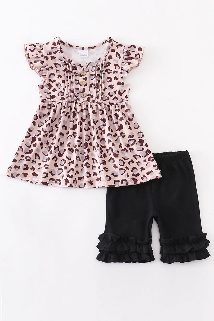 Girls Leopard Top and Black Ruffle Shorts Set