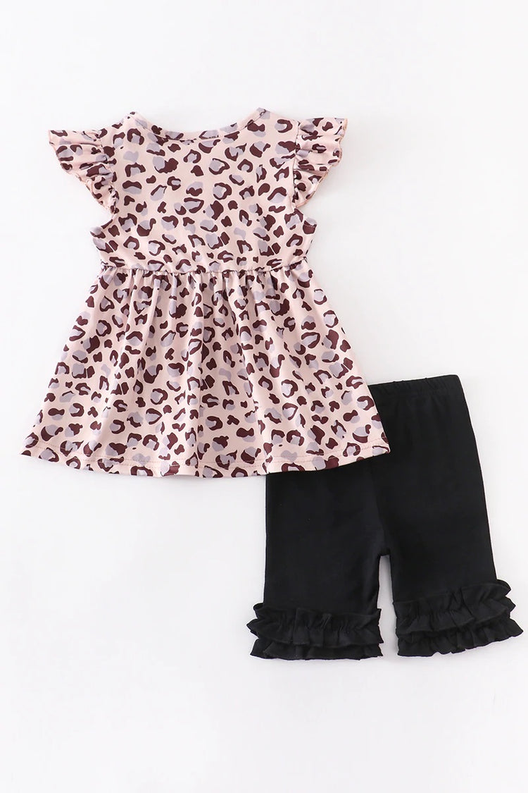Girls Leopard Top and Black Ruffle Shorts Set