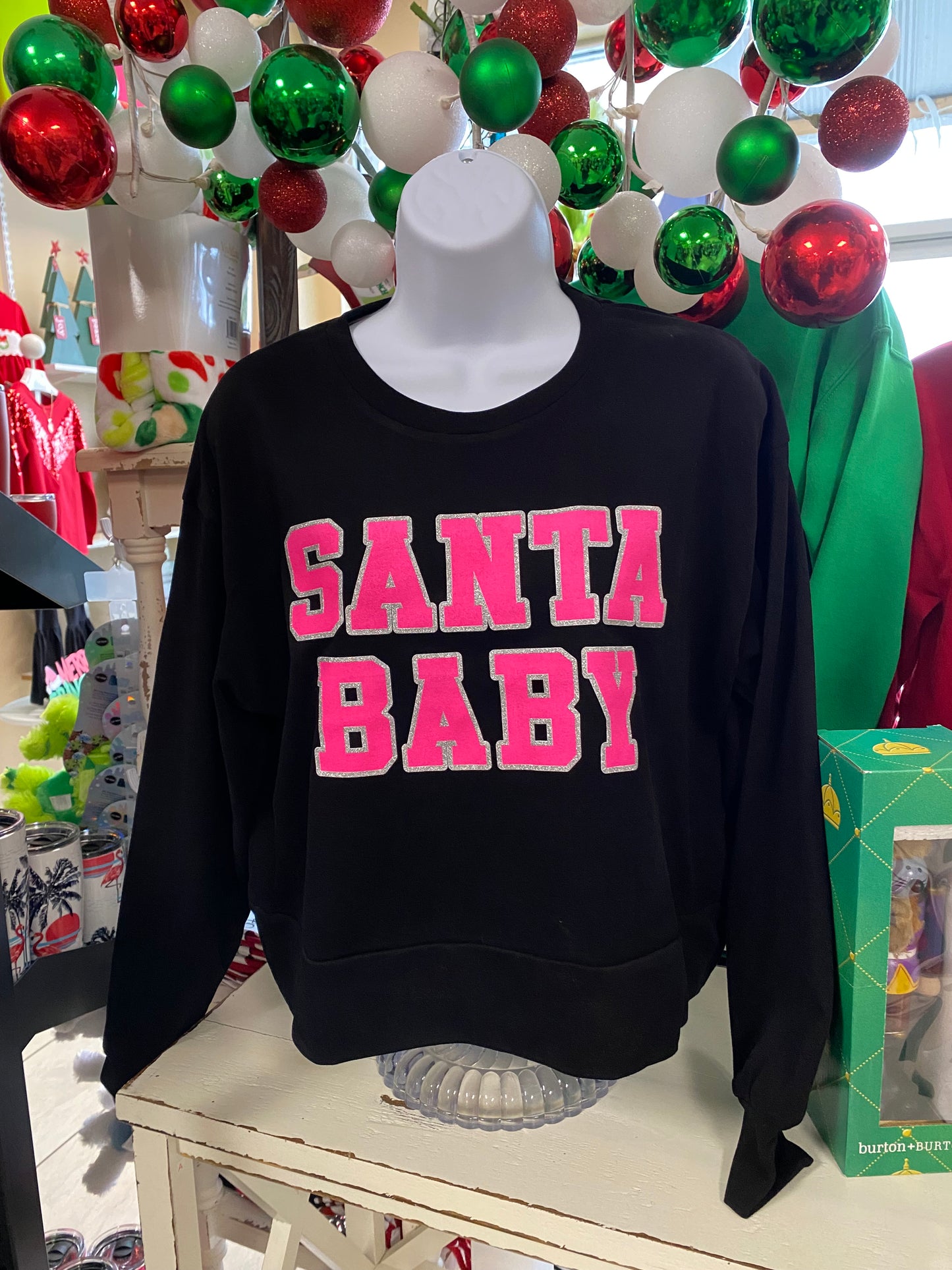 Womens Santa Baby On Strike Your Interest Black Crop Sweatshirt