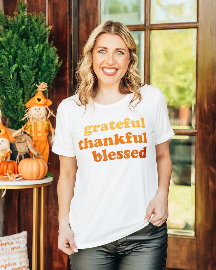 Womens Thankful Grateful Blessed on White Cuffed Tee