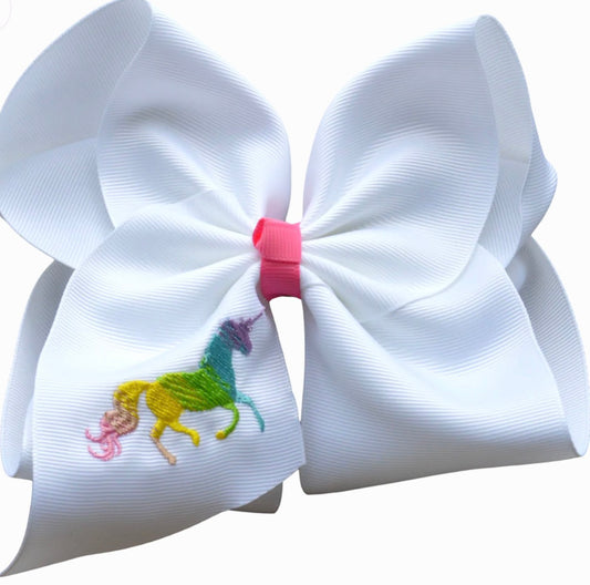 6" White Embroidered Unicorn Rainbow Bow