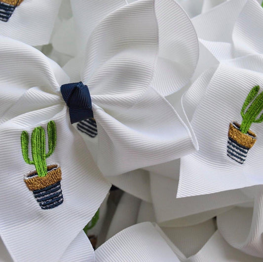 Embroidered Cactus with Navy Bow