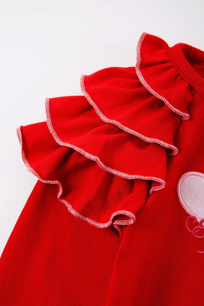 Girls Red Heart Applique Ruffle Top