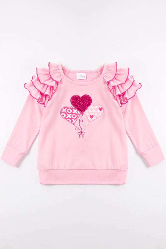 Girls Pink Heart Applique Ruffle Top