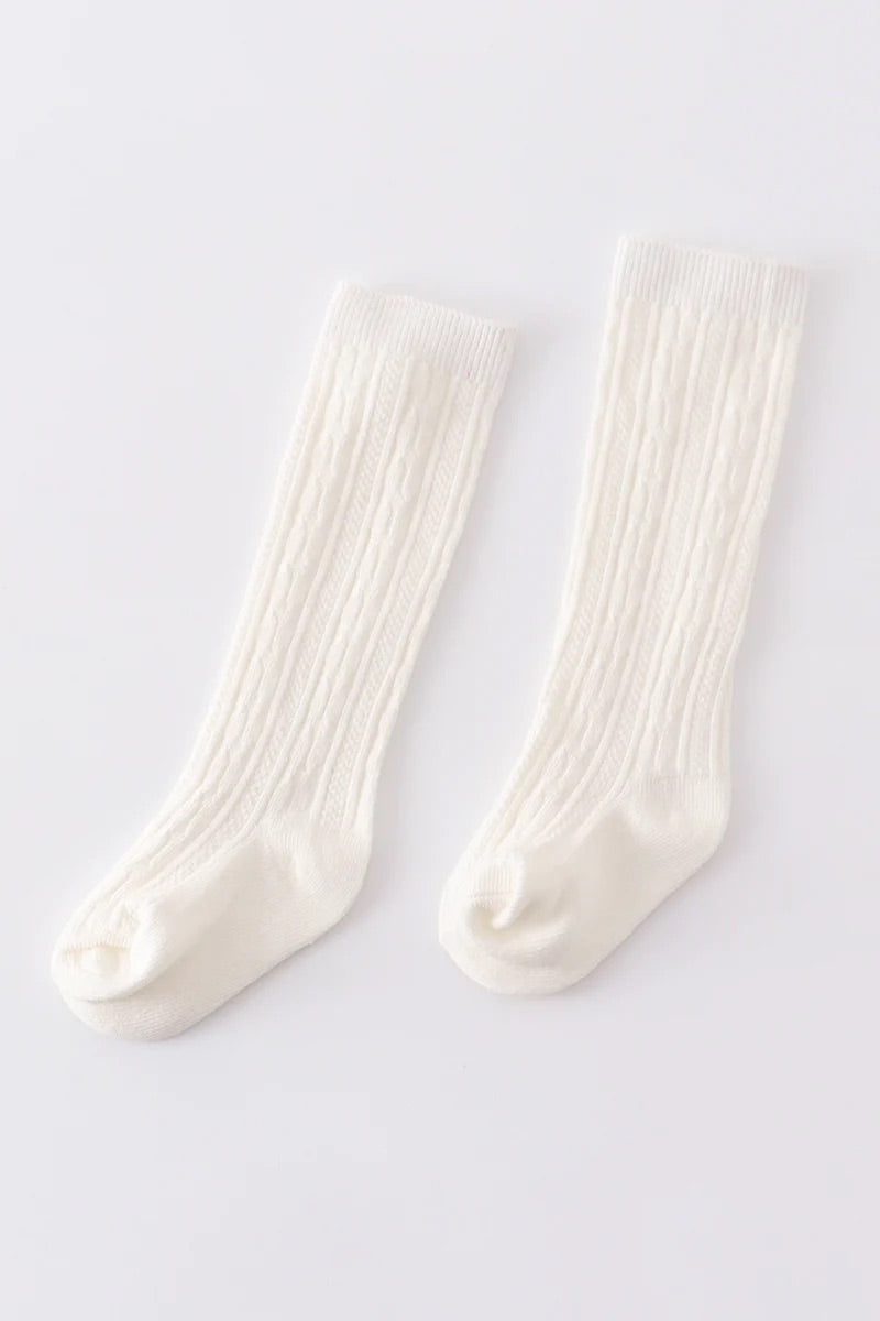 Girls White Knit Knee High Socks