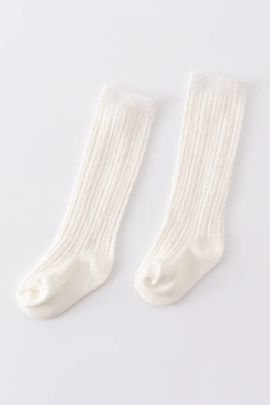 Girls White Knit Knee High Socks