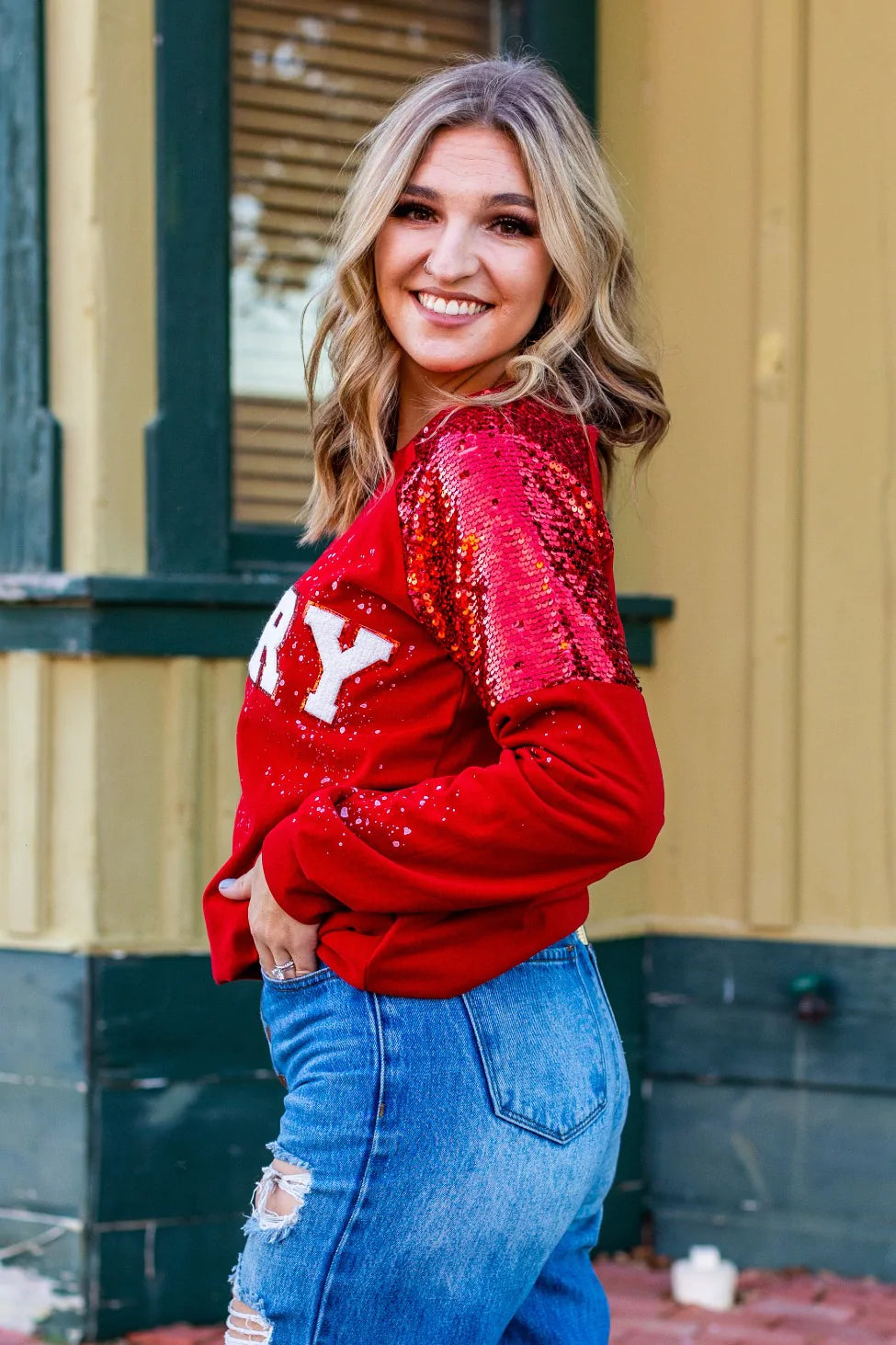 Womens Merry on Sequin Sleeve