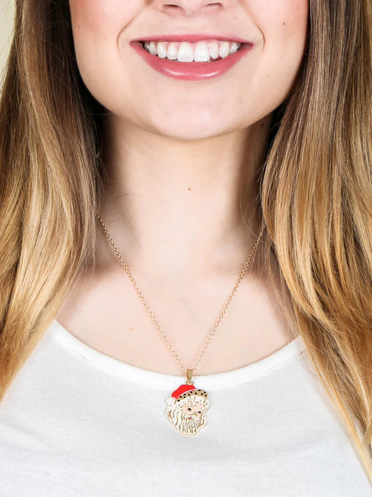 Girls Simple Santa Claus with Leopard Santa Hat Necklace, Gold