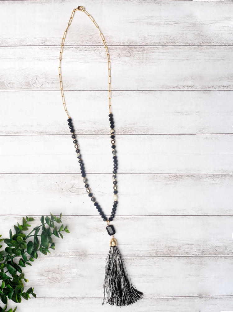 Lady Like Tassel Beaded Necklace with Center Stone, Black