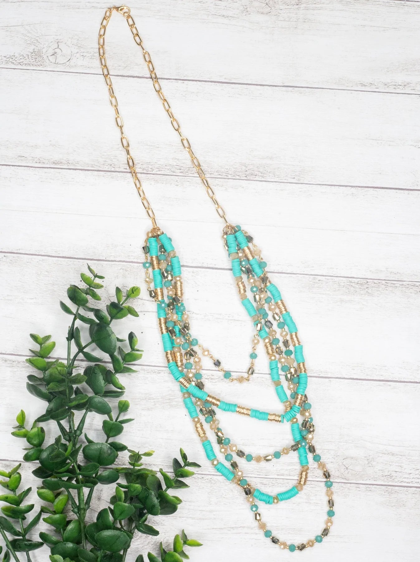 I'm On Vacay Mode Turquoise Shell Beads With Mixed Crystal Beads Gold Link Chain Necklace