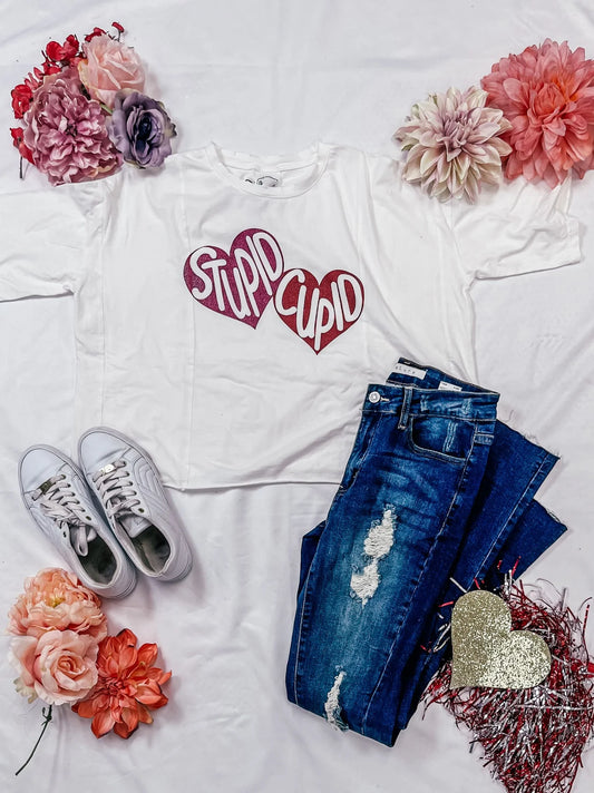 Womens Stupid Cupid On Perfect Company Boxy Crop In White