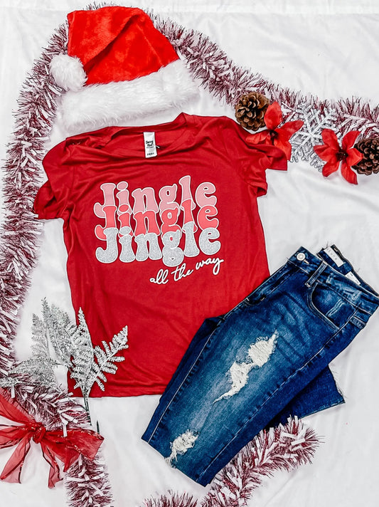 Womens Jingle Jingle Jingle All The Way On Crimson V-Neck Tee