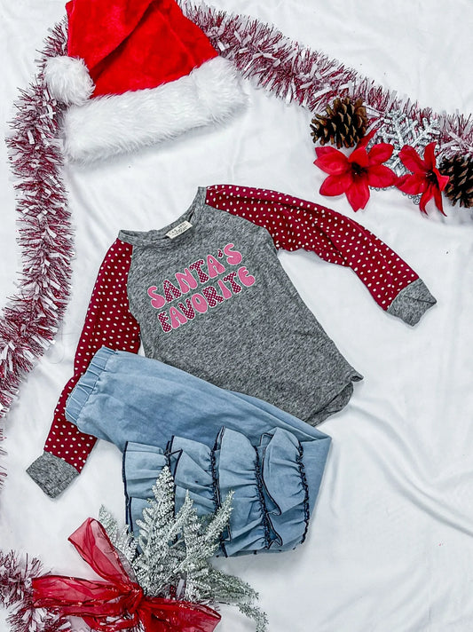 Girls Santa's Favorite Grey Long-Sleeved Tee With Polka Dot Print Sleeves