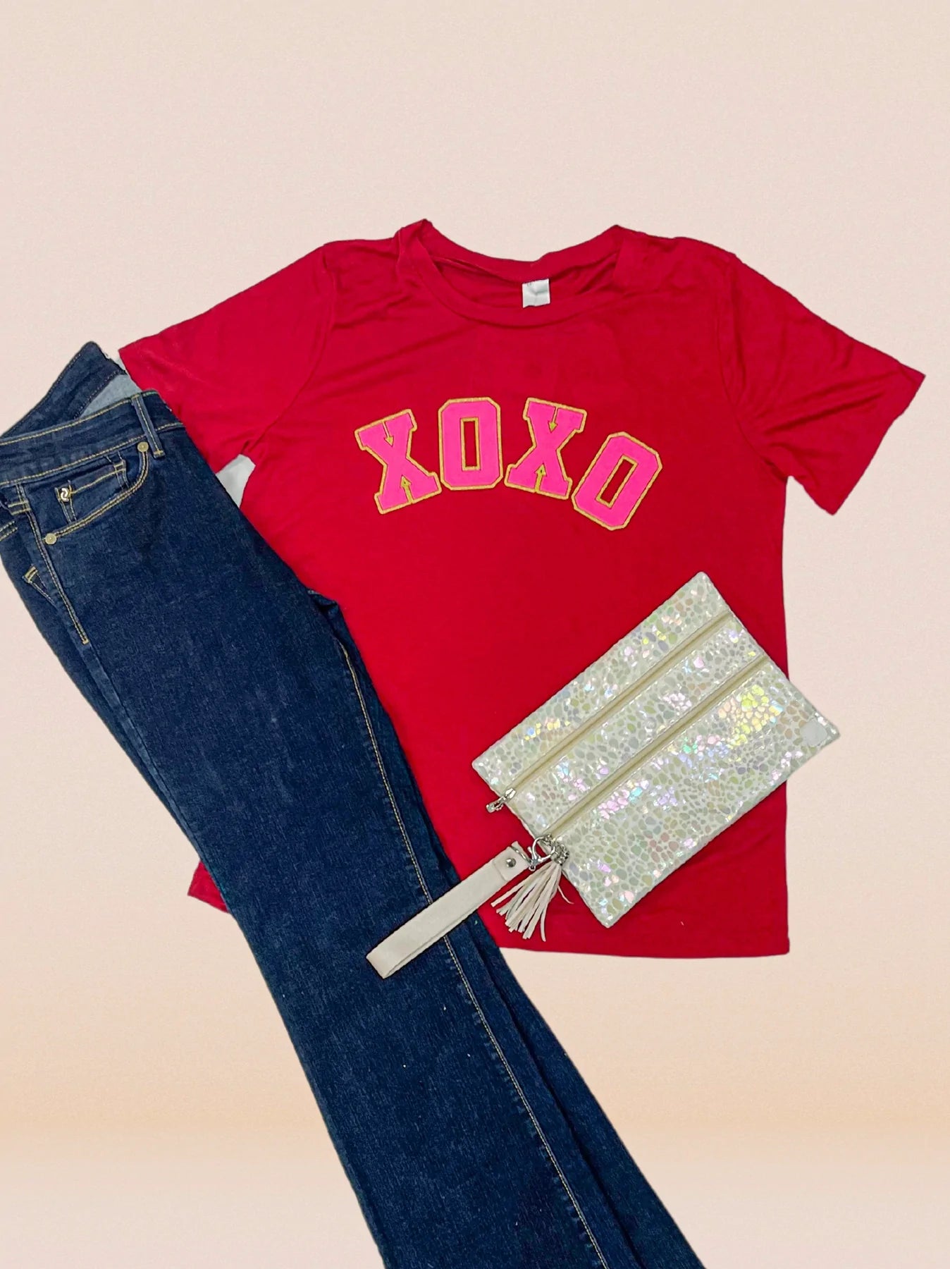 Womens XOXO On Crimson V-Neck Tee