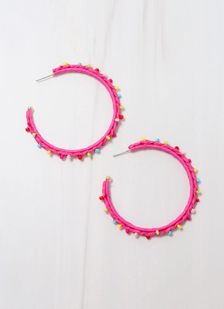 Carnaby Wrapped And Beaded Hooped Earring Hot Pink