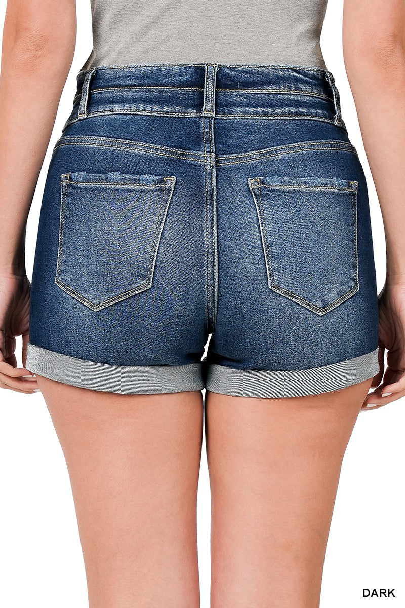 Womens Dark Cuffed Double Button Denim Shorts
