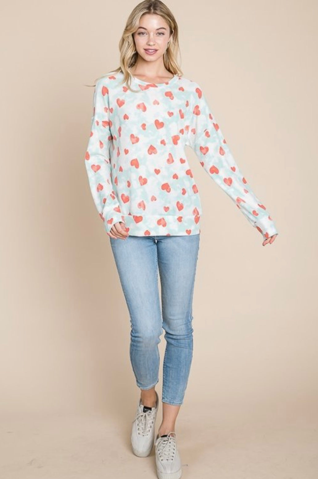 Women’s Light Blue Long Sleeve Heart Print Top